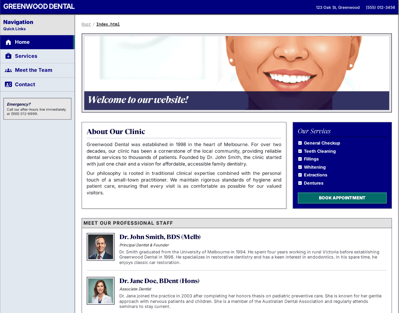 Greenwood Dental old 2005 website